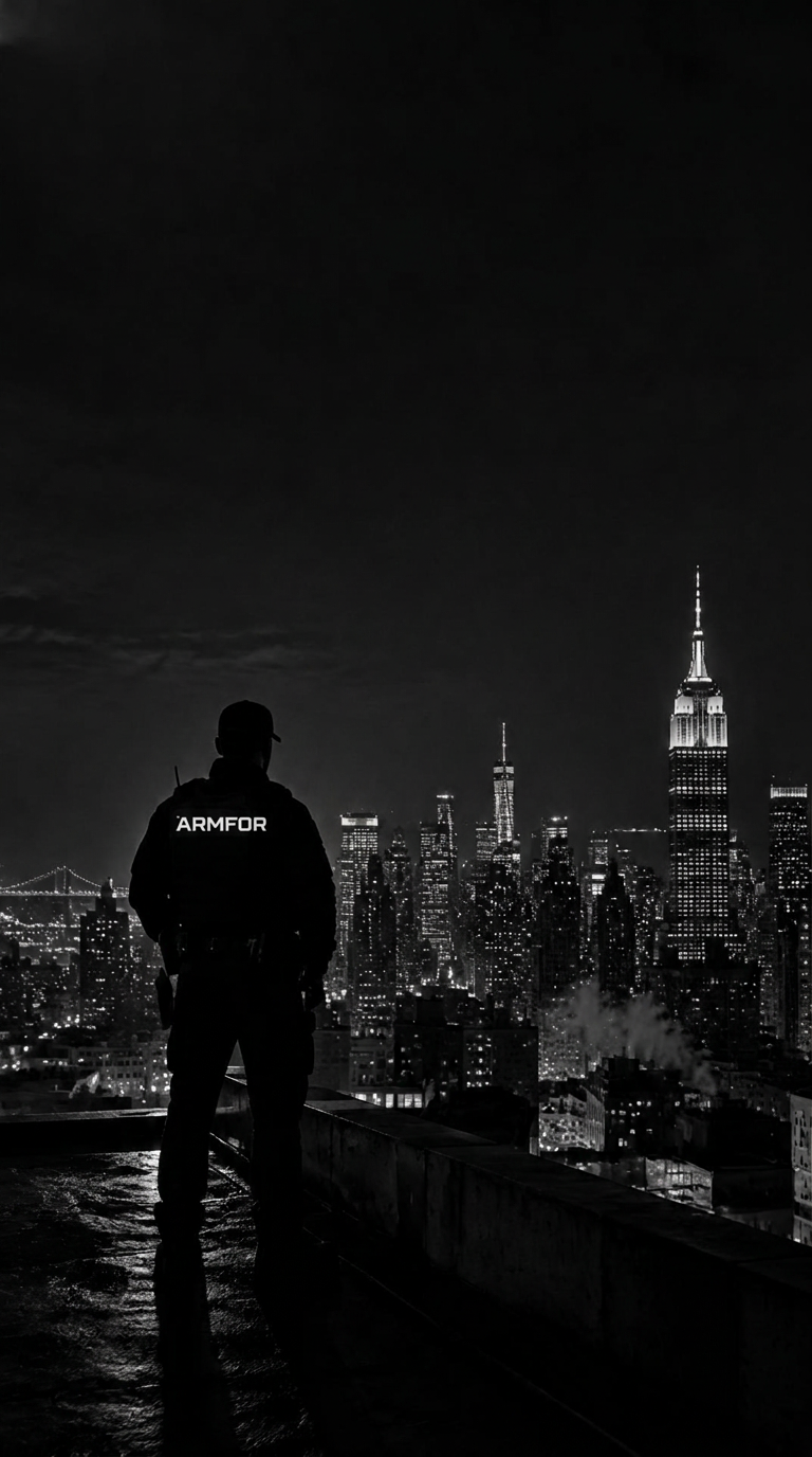 ARMFOR security guard overlooking the New York skyline at night